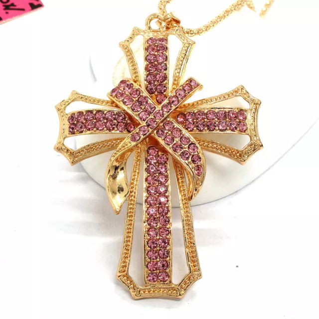 New Fashion Women Pink Rhinestone Cross Bling Crystal Pendant Chain Necklace