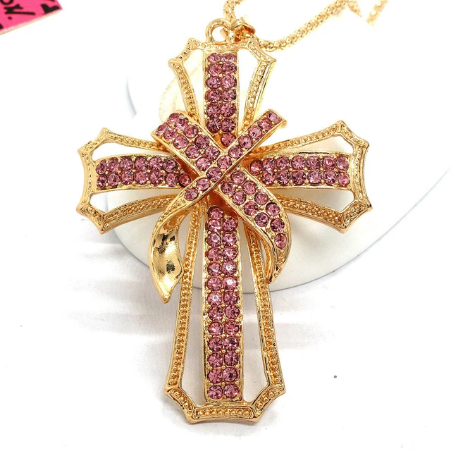 New Fashion Women Pink Rhinestone Cross Bling Crystal Pendant Chain Necklace
