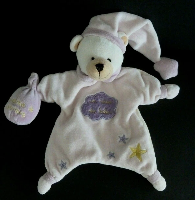 V21. DOUDOU MARIONNETTE REVE DE BEBE CMP OURS poudre à dormir ROSE MAUVE - TTBE