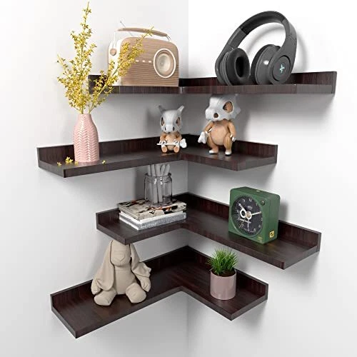 Corner Floating Shelves Set of 4, Rustic Pine Wood Corner Shelves for Wall