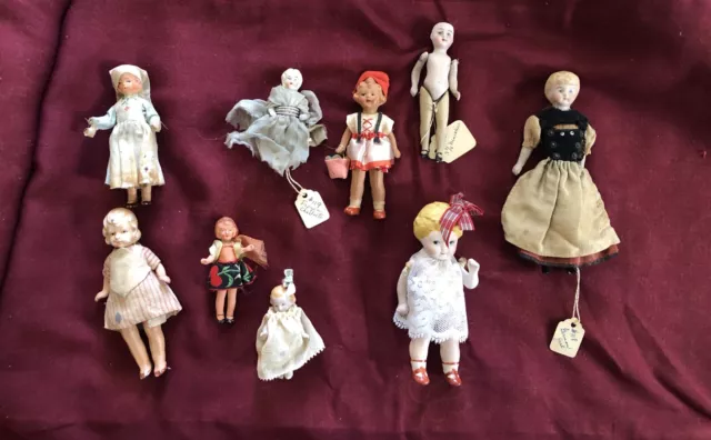 VINTAGE MINIATURE BISQUE DOLL LOT of 9