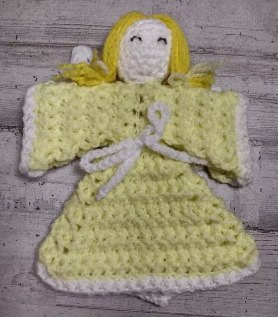 Vintage Handmade Crocheted Yarn Angel Christmas Tree Topper Decoration Yellow