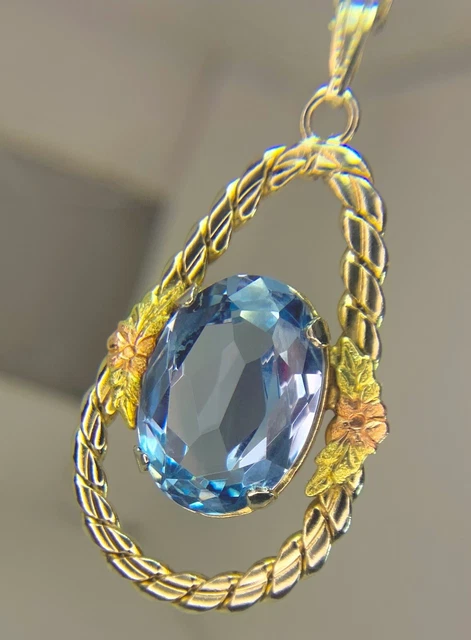 Vintage Yellow Gold Plated Art Nouveau Blue Topaz Lavalier Pendant Floral Leaf