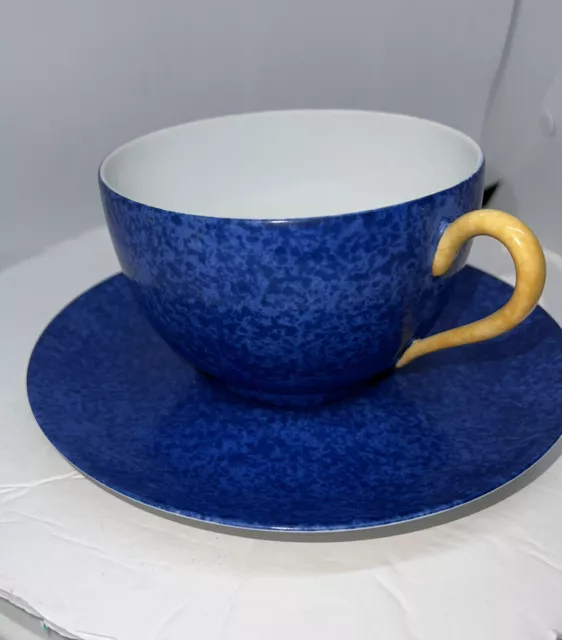 LAURE JAPY PARIS Blue Breakfast Cup Yellow Handle & Blue Saucer French Porcelain