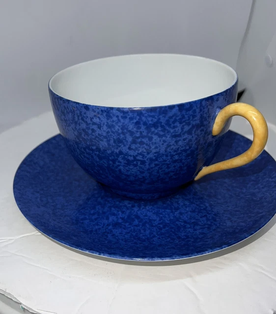 LAURE JAPY PARIS Blue Breakfast Cup Yellow Handle & Blue Saucer French Porcelain LAURE JAPY PARIS Blue Breakfast Cup Yellow Handle & Blue Saucer French Porcelain