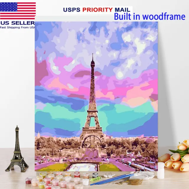 Wooden Frame DIY Oil Painting Paint by Number Kit for Adults kids Eiffel tower
