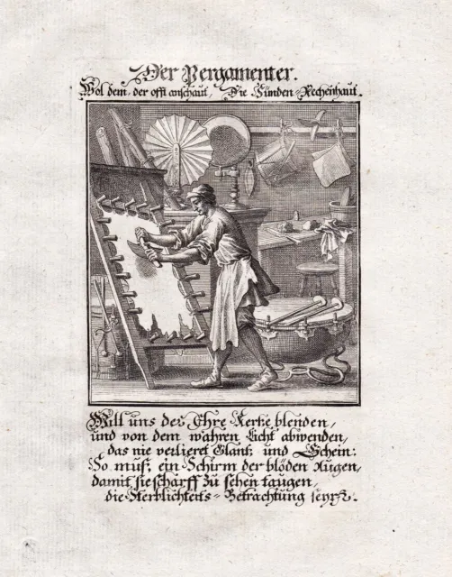 Pergamentmacher Instrumentenbau vellum parchment maker Kupferstich Weigel 1698