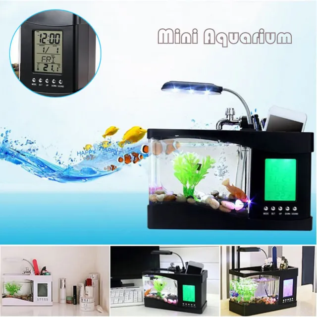 Mini USB Fish Tank 24x10x19cm Desktop Aquarium Colorful LED Light Calendar Clock