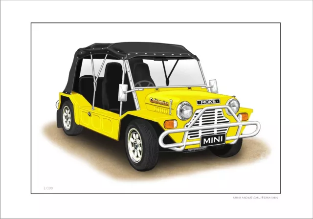 Mini  Moke Californian   Limited Edition Car Drawing  Print  (6  Car Colours)