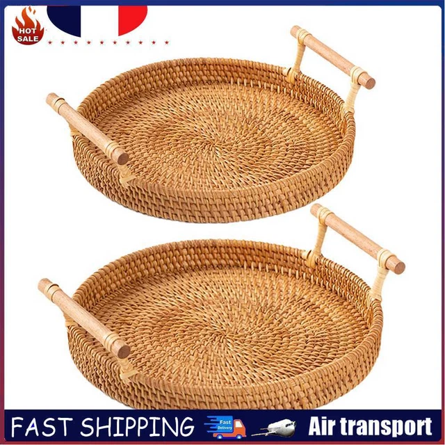 Handwoven Rattan Storage Tray with Handle Round Wicker Food Plate Fruit Basket
