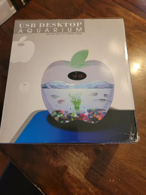 Apple Shaped USB Desktop Aquarium Fish Tank With Clock Brand New