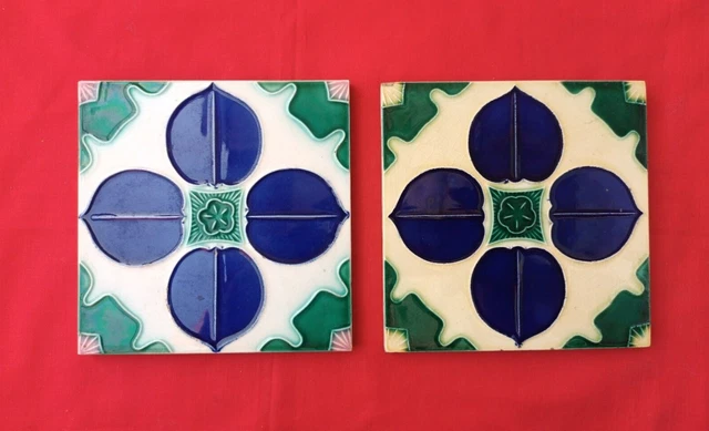 2 Piece Old Art Floral Design Majolica Ceramic Tiles Japan 0110