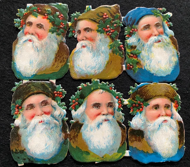 Rare Antique Large Santa Claus Heads Victorian German Die Cuts Christmas