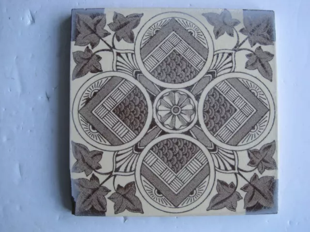 ANTIQUE VICTORIAN AESTHETIC ROUNDELS AND FOLIAGE  DESIGN WALL TILE c1885