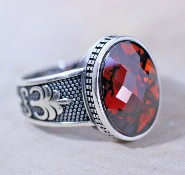 925 Sterling Silver Handmade Gemstone Turkish Ruby Men's Ring Size 7-13