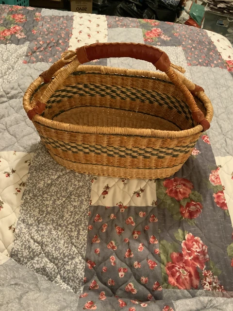 African Handmade Basket Elephant Grass Bolga Bag Garden Tote Leather Handles
