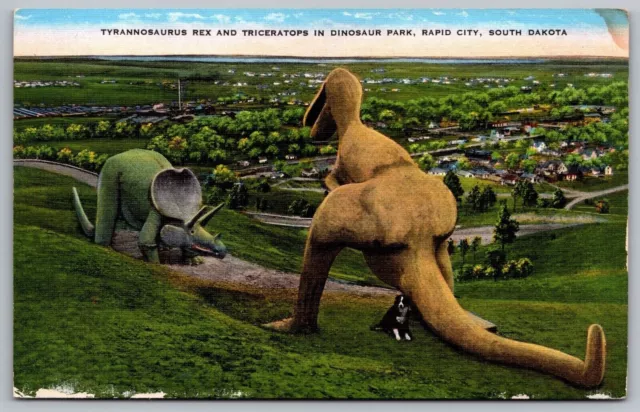 Tyrannosaurus Rex Triceratops Dinosaur Park Rapid City South Dakota VNG Postcard