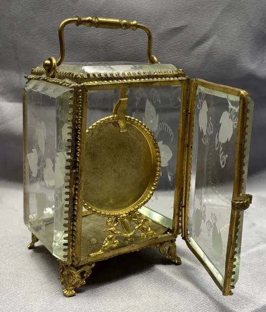 Antique Etched Leaf French Beveled Glass Gilt Brass Pocket Watch Box