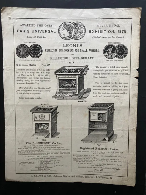 Victorian S Leoni's reflector cookers doublesided illustrated advertising sheet
