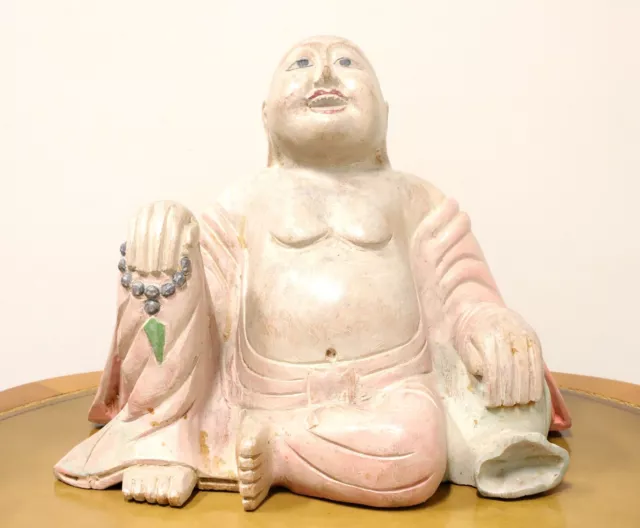 Mid 20th Century Carved Wood Smiling Buddha Figure Sculpture