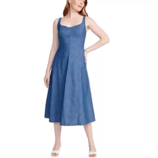 OLD NAVY Sleeveless Midi Dress Medium 100% Cotton Denim Blue Jean Summer Dress