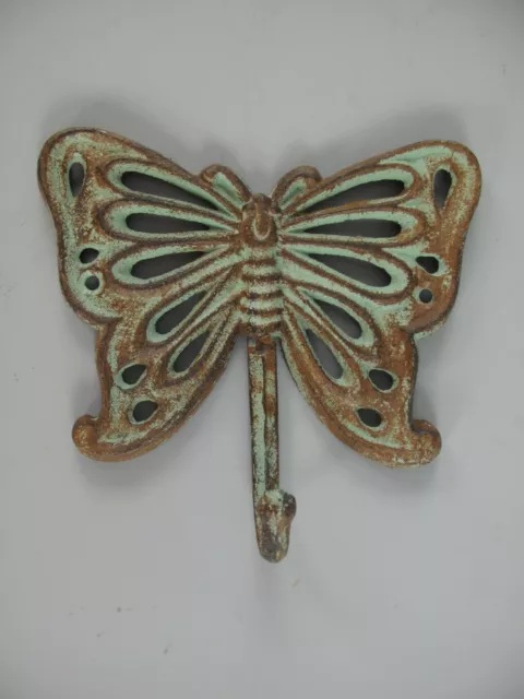9977721-d Eisenguss Figur Wand-Haken Schmetterling grün rustikal D16cm