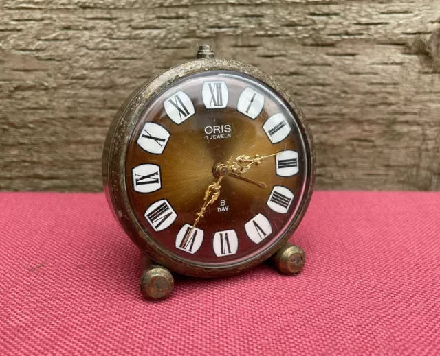 Vintage Rare Oris Watch Co 7 Jewels Brass Alarm Desk Clock Travel Swiss Made