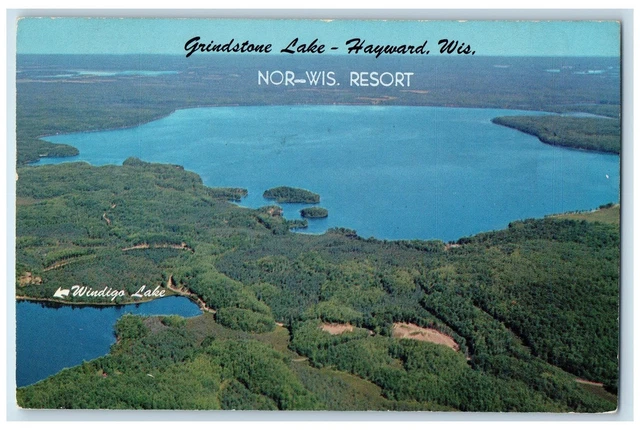 1963 Grindstone Lake Aerial View Pond Forest Shore Hayward Wisconsin WI Postcard