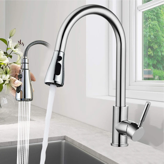 Modern Monobloc Kitchen Mixer Tap with Pull Out Hose Spray Single Lever Chrome