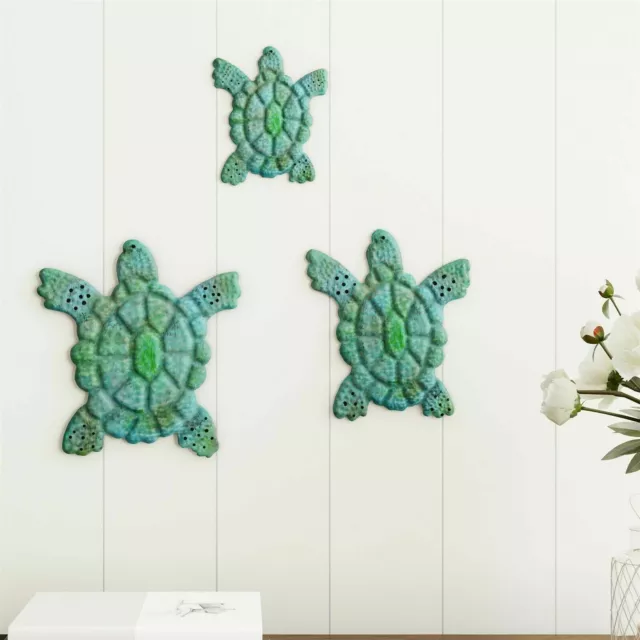 3 Pack Sea Turtles Metal 3D Look Wall Hanging Nautical Ocean Theme Bathroom