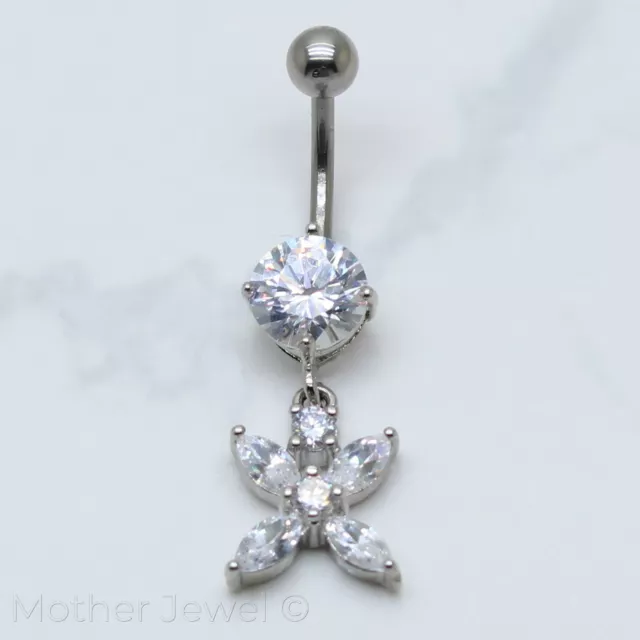 Real 925 Sterling Silver Flower Dangle Surgical Steel Navel Belly Curved Ring 3