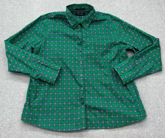 Lands End Shirt Womens 14P Petite Green Blue Abstract Geometric Button Front