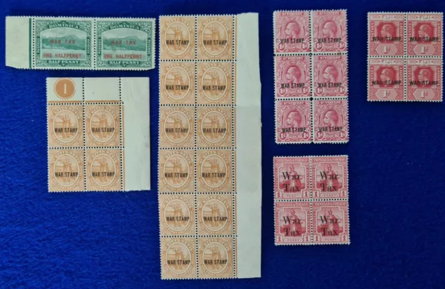 Collection of WWI WAR/TAX Stamp Blocks, Dominica, St Kitts Nevis, St Vincent...