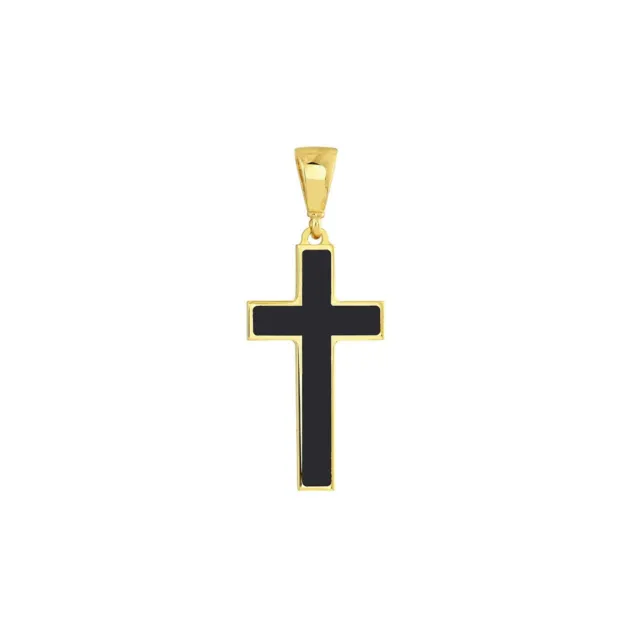 Black Enamel Plain Cross Pendant Solid 14K Real Gold Religious Charm Men Women