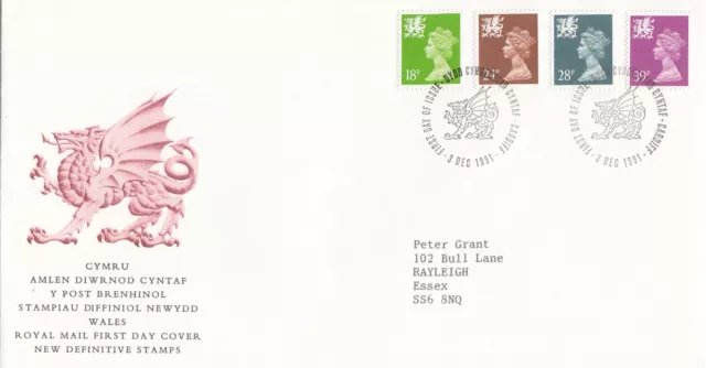 (102608) Wales 39p 28p 24p 18p Definitives GB FDC Cardiff 1991