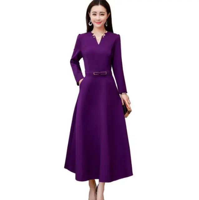 Womens V-Neck Long Sleeve Slim Fit Maxi Dress Elegant Belted Party Ball Gown