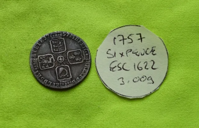 1757 Silver SIXPENCE Coin King GEORGE II (1727 - 1760) 3.00g ESC1622 (iii)