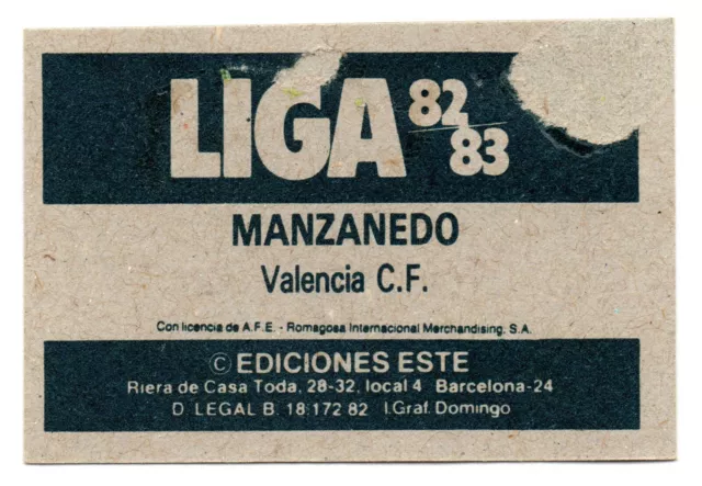 Manzanedo - Valencia C. F. 1982-83 Cromo Este Panini Liga 82/83 2