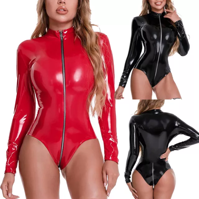 Damen Body Wetlook Lackleder Rollkragen Bodysuit Unterwäsche mit Reißverschluss