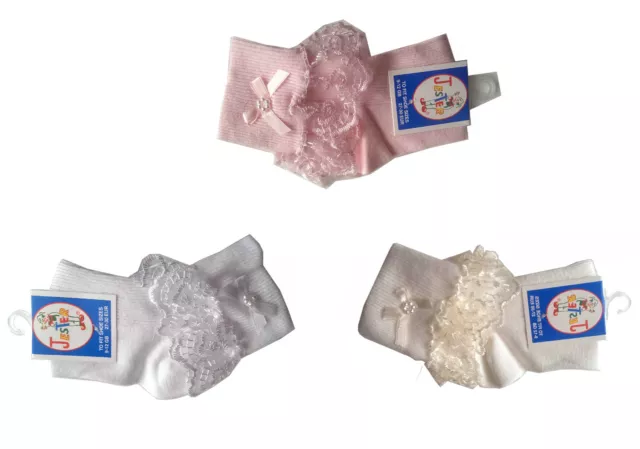 Baby Girls Frilly Lace Socks Christening Wedding Ivory Pink White 000 - 12.5-3.5