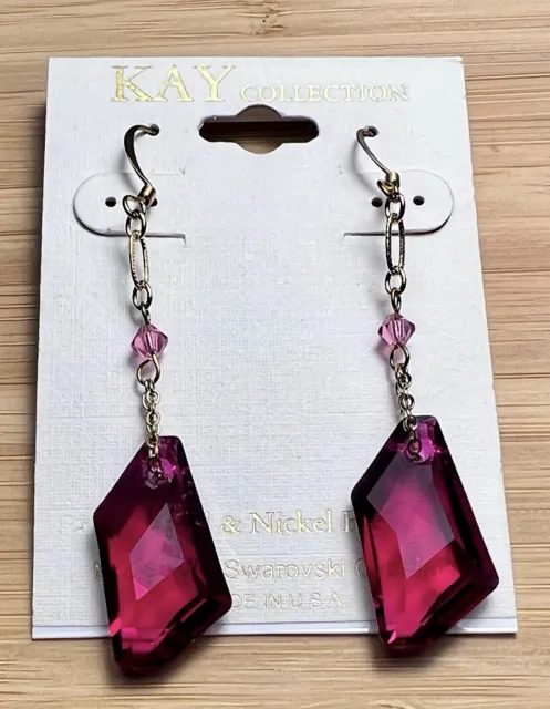 KAY Collection Swarovski Pink Ruby Crystal Dangle Chain Drop Gold Tone Earrings