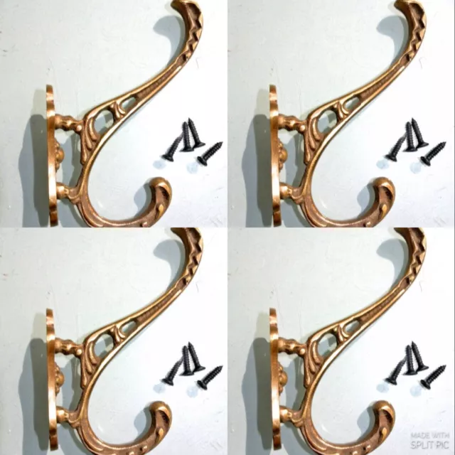 4 COAT HOOKS door solid brass furniture vintage age old style heavy 4 " deco B