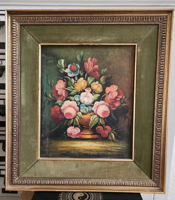 Oil On Canvas Art Painting Gold Green Velvet Frame Floral Flowers Vintage