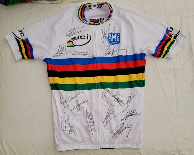 Peter Sagan + Merckx + Alaphilippe +10 signed UCI World Champion cycling jersey Peter Sagan + Merckx + Alaphilippe +10 signed UCI World Champion cycling jersey