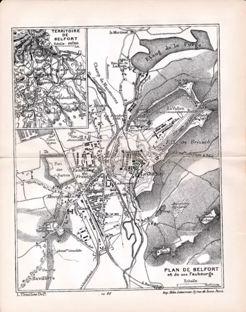 90 Belfort 1894 plan ville orig + guide (6 p) Le-Vallon Delle Giromagny Fontaine