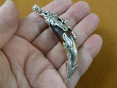 AK-TOOTH-101) 2.5" Fossil 1000 yrs old Wolf tooth silver filigree flame pendant