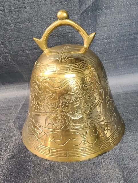 7" Vintage Chinese Buddhism Temple Brass Gilt Beast Statue Bell Zhong SHIPS FREE