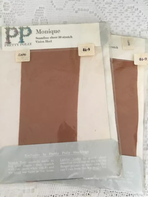 2 X Pairs Vintage Pretty Polly Capri Nylon Seamfree Stockings Size 8 1/2 - 9