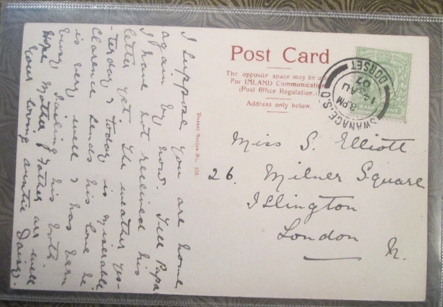GB  POSTMARK 1907 double ring  SWANAGE STATION OFFICE KEV11  1/2d. green