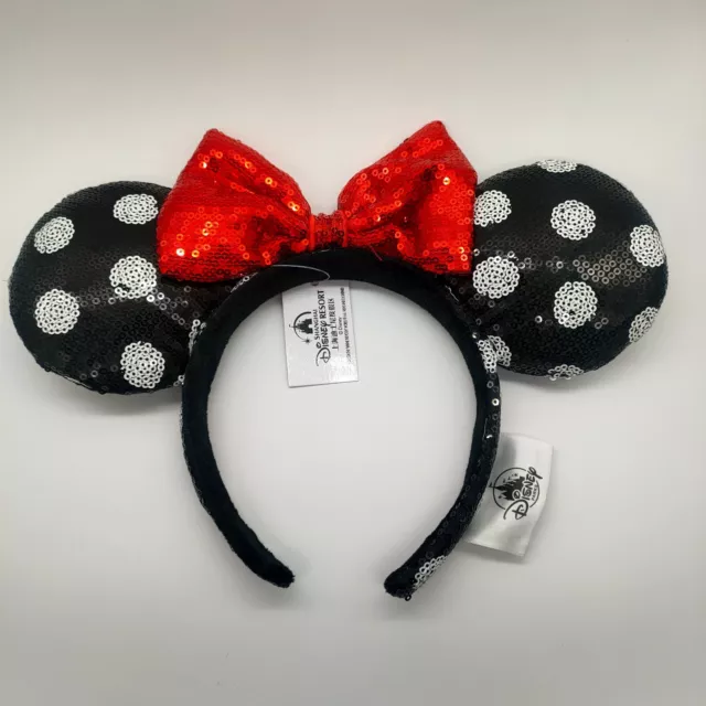 Disney Parks Minnie Mouse Sequined Black White Polka Dot Red Bow Ears Headband